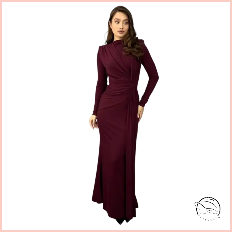 Sleek burgundy long-sleeved maxi dress with draped neckline and fitted silhouette