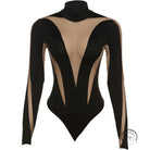 Black and beige mesh stitching high waist long sleeves bodysuit