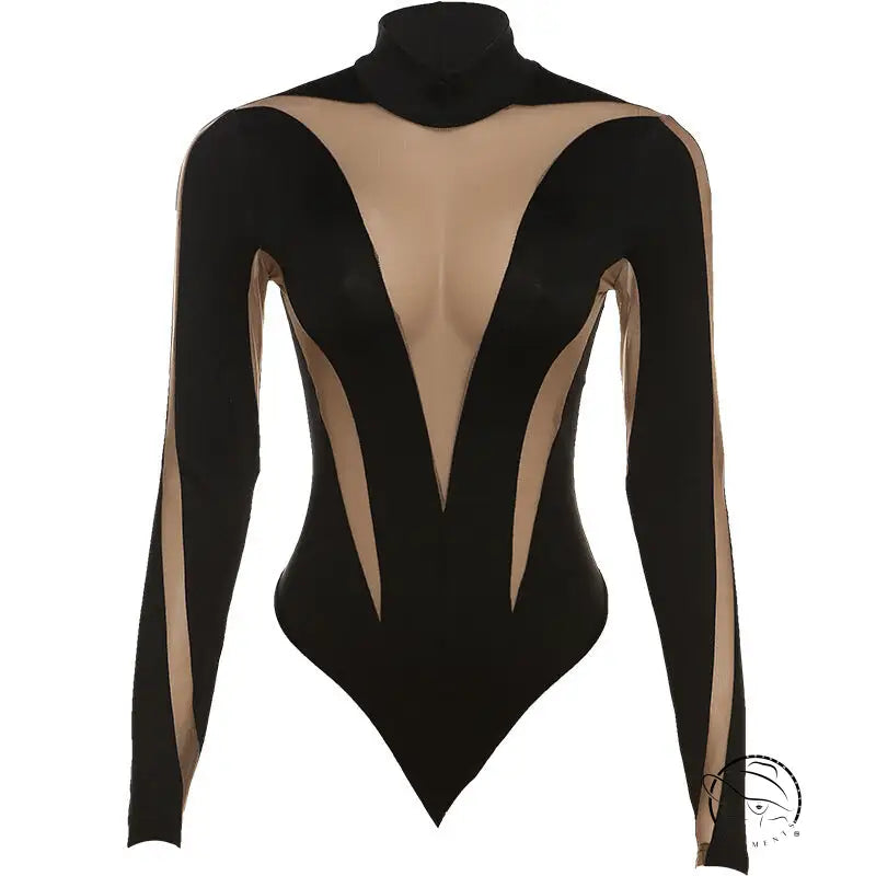 Black and beige mesh stitching high waist long sleeves bodysuit