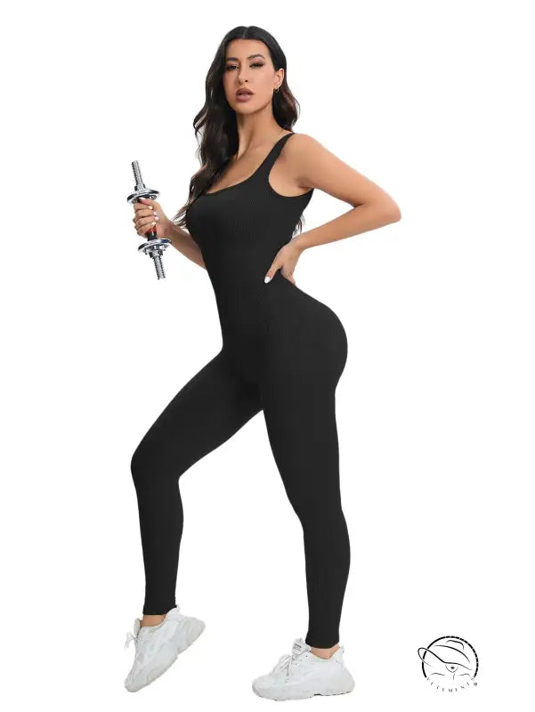Langry black racerback seamless workout jumpsuit in peach slim fit fashion ملابس