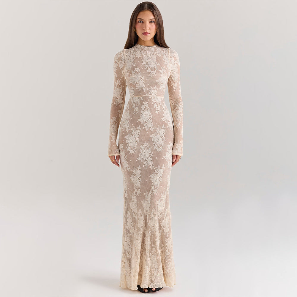 Long-sleeved floral lace maxi dress from Stunning Slim Sheath Dress in modern fashion ملابس