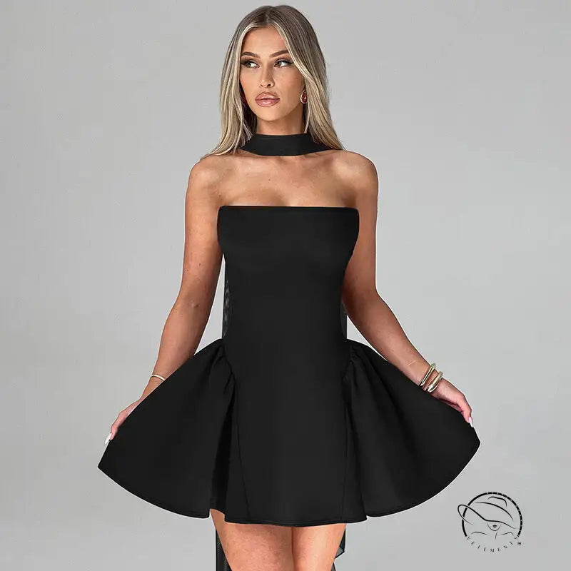 Stunning strapless black mini dress in langry fashion ملابس