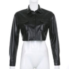 Langry black leather cropped jacket with button-down front and patch pockets, fashion apparel