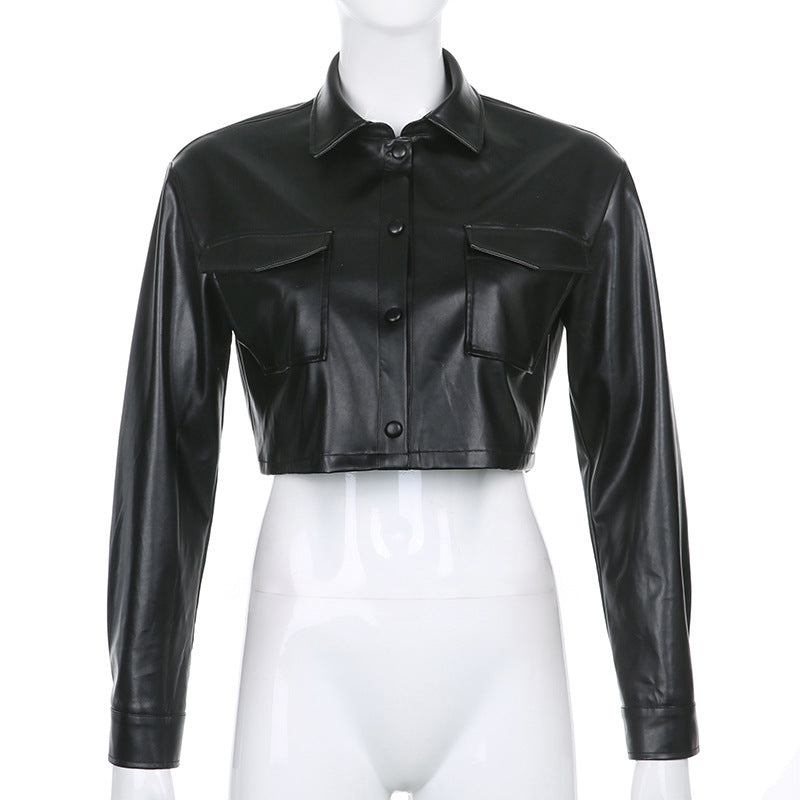 Langry black leather cropped jacket with button-down front and patch pockets, fashion apparel