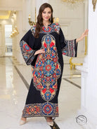 Elegant loose black floral kaftan dress with bell sleeve length