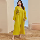 Yellow embroidered langry abaya with hood and side slit fashion dress