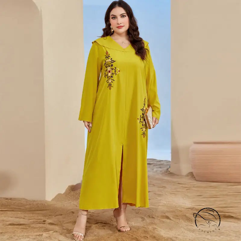 Yellow embroidered abaya hood dress with side slit in langry fashion