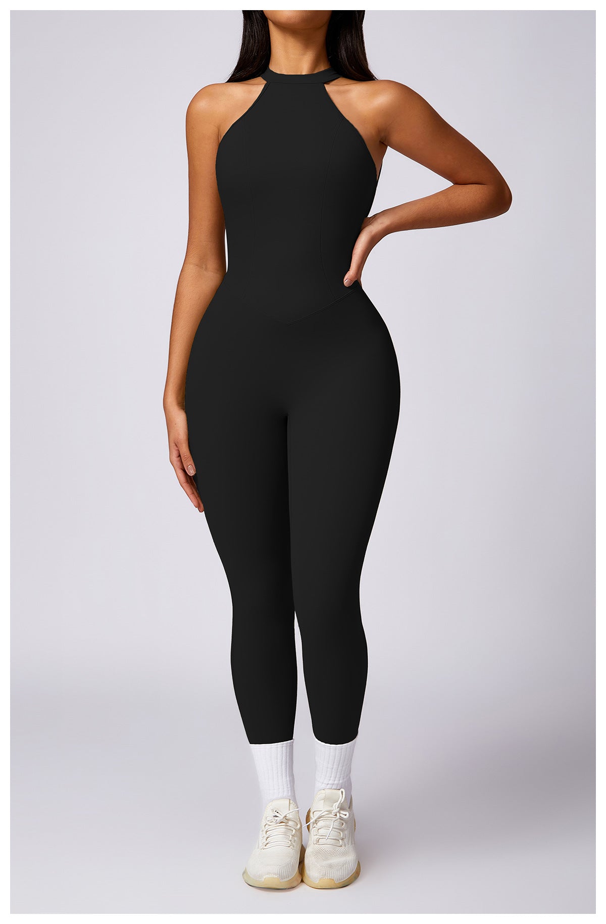 Langry black high-neck sleeveless hip raise yoga jumpsuit in form-fitting stretchy fabric for fashion ملابس