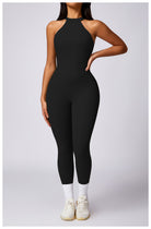 Langry black high-neck sleeveless hip raise yoga jumpsuit in form-fitting stretchy fabric for fashion ملابس