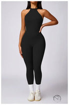 Black langry fashion jumpsuit in stretchy high-neck fabric for yoga