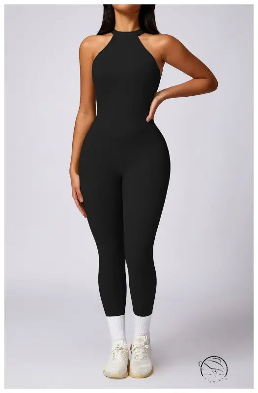 Black langry fashion jumpsuit in stretchy high-neck fabric for yoga