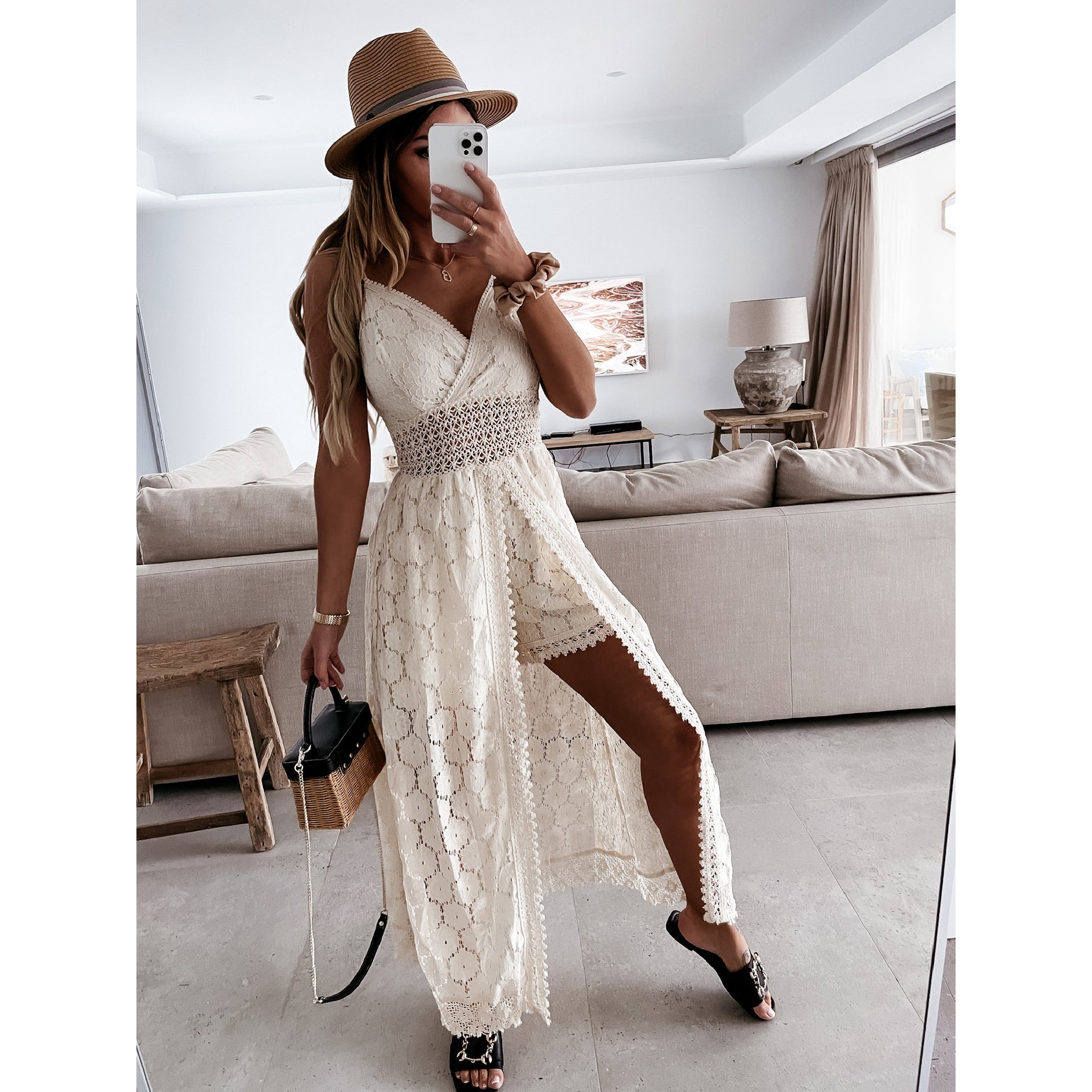 White lace maxi dress with beaded waistband and side slit for elegant fashion ملابس