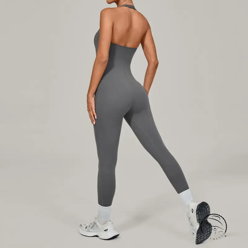 Sleek gray langry fashion halter yoga jumpsuit for outdoor wear