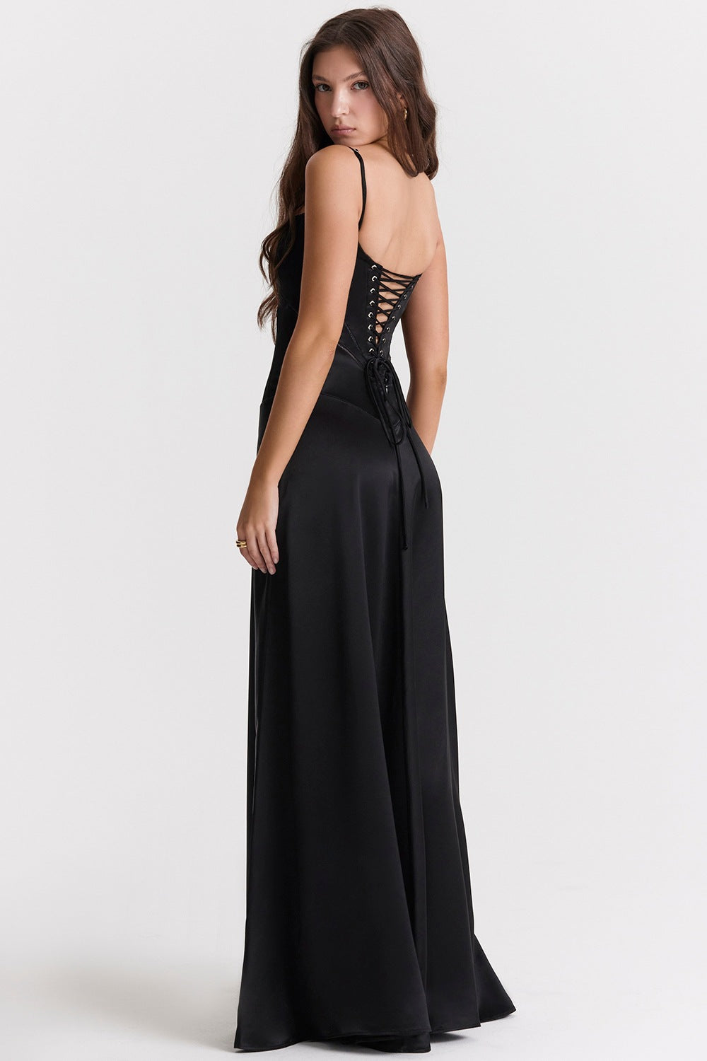 Elegant black satin corset-back gown, a stunning choice for evening fashion ملابس