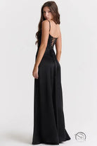 Black satin corset-back gown from Langry fashion evening dress