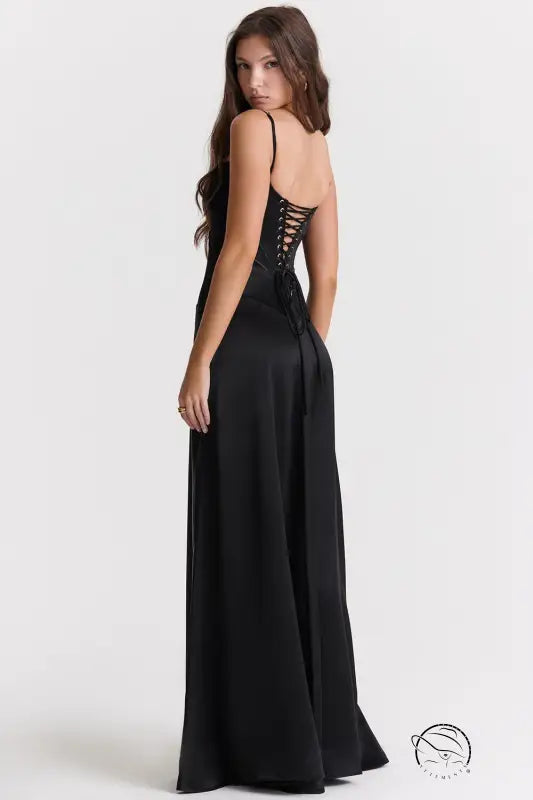 Black satin corset-back gown from Langry fashion evening dress