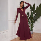 Burgundy satin ruched evening dress with long sleeves and deep V-neckline in Langry fashion
