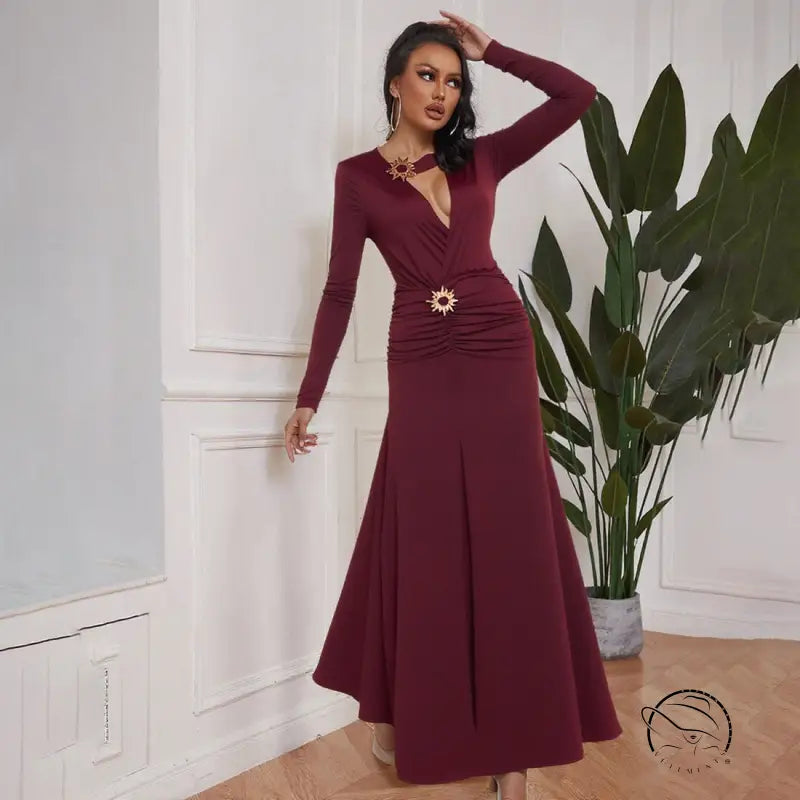 Burgundy satin ruched langry evening dress with deep v-neckline