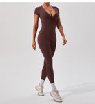 Sleek langry chocolate-brown yoga fitness bodysuit with v-neck and short sleeves