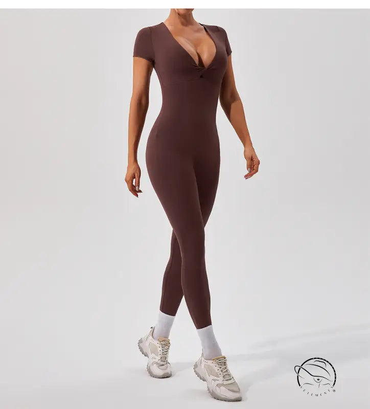 Sleek langry chocolate-brown yoga fitness bodysuit with v-neck