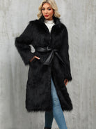 Long black faux fur coat with belt, Langry fashion overknee style