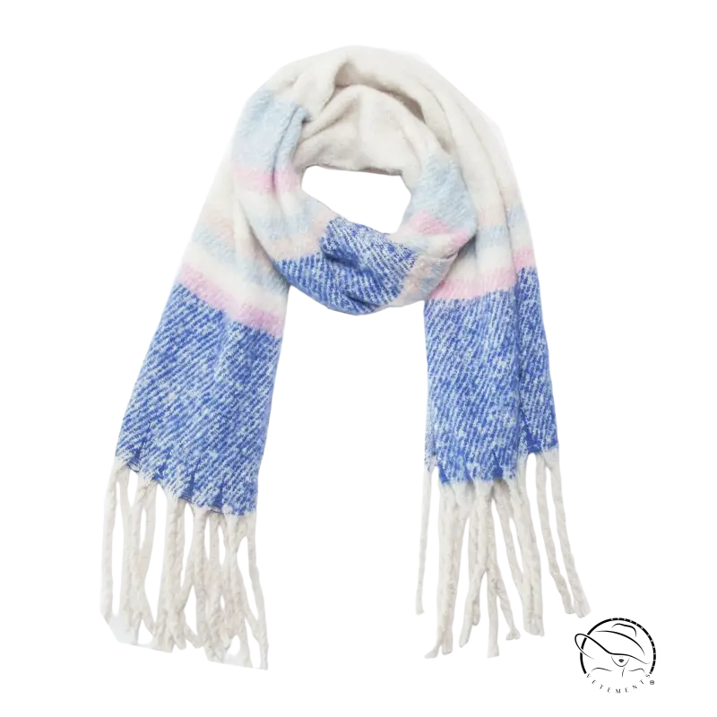 Cozy warm wool scarf in pastel plaid blue, light pink yellow, cream with fringes