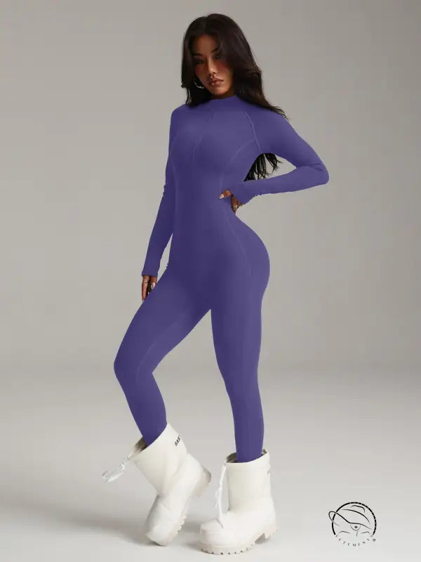 Purple langry fashion bodysuit with fur-lined boots for yoga
