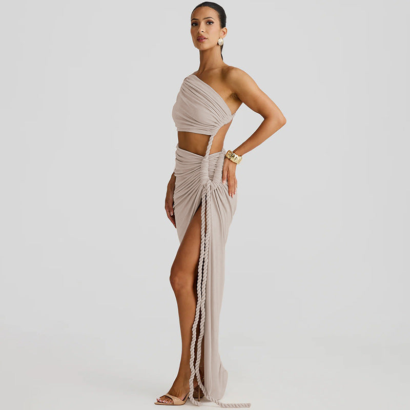 One-shoulder beige dress with rope detail, a stunning fashion piece for ملابس choices