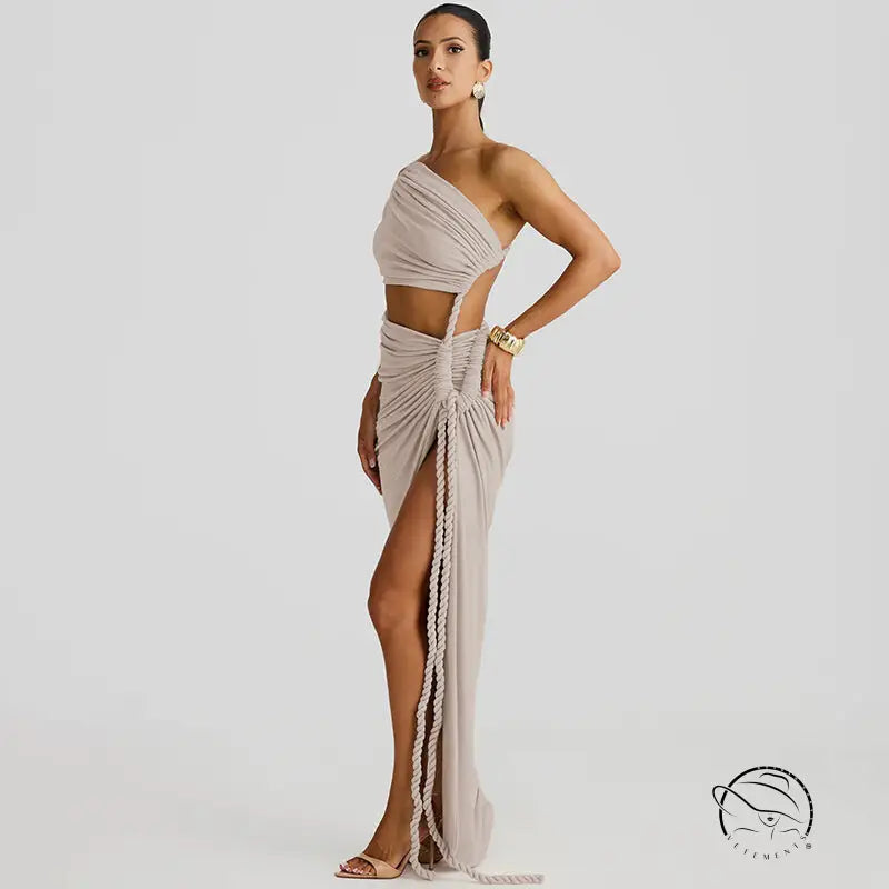 Stunning cutout lace pleated dress with one-shoulder beige rope detail