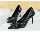 Elegant black Langry fashion stiletto pumps with rhinestone bowknot