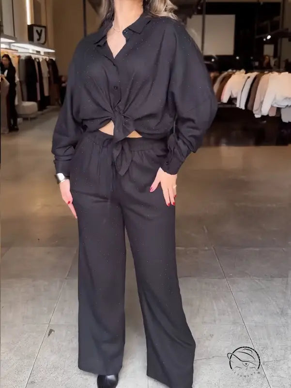 Starry Shirt Top Drawstring Wide Leg Pants Two Piece Sets