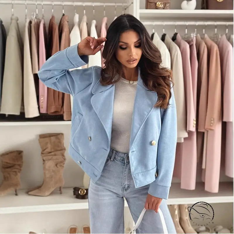 Langry fashion slim collared suede short coat in light blue with pearl buttons and denim pants