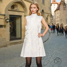 White floral-appliqued retro socialite dress with tie bow