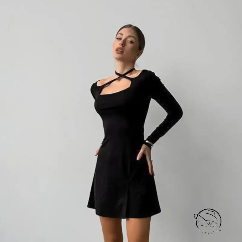 Black elegant knitted dress with cutout neckline and choker detail in langry fashion
