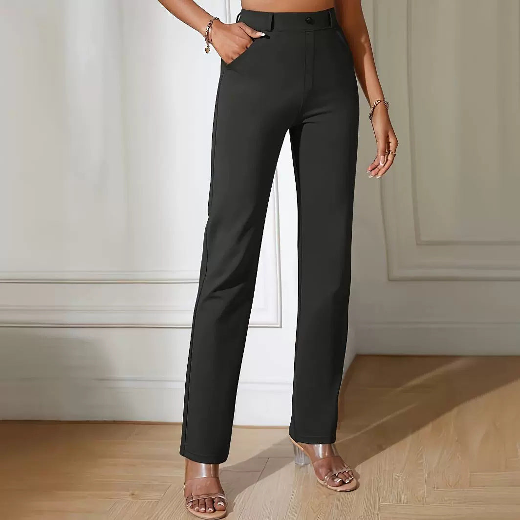 Black straight-leg dress pants with side pockets for casual office fashion