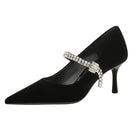 Langry black velvet Mary Jane heels with rhinestone straps for fashion