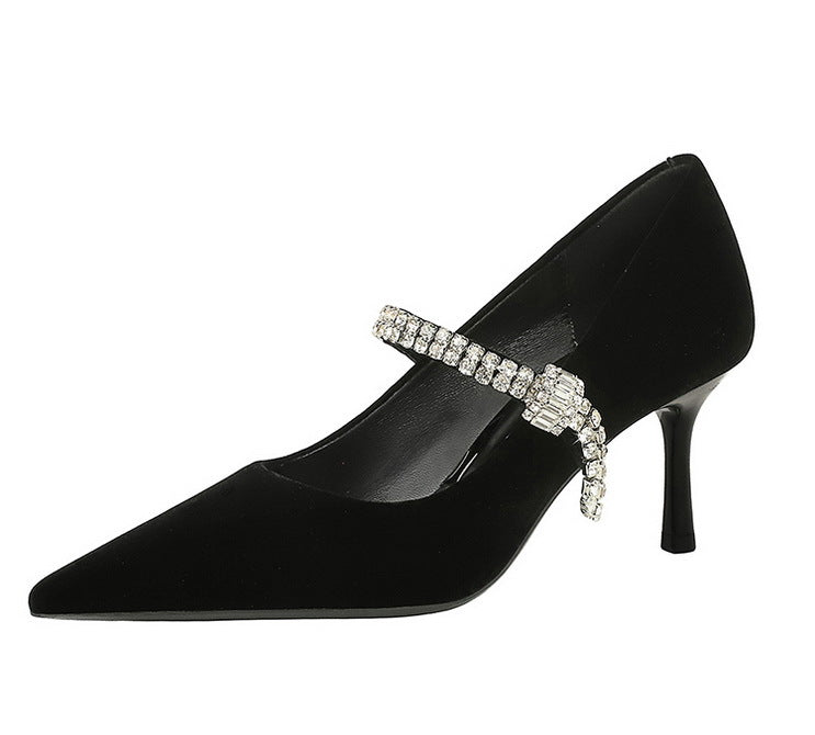 Langry black velvet Mary Jane heels with rhinestone straps for fashion