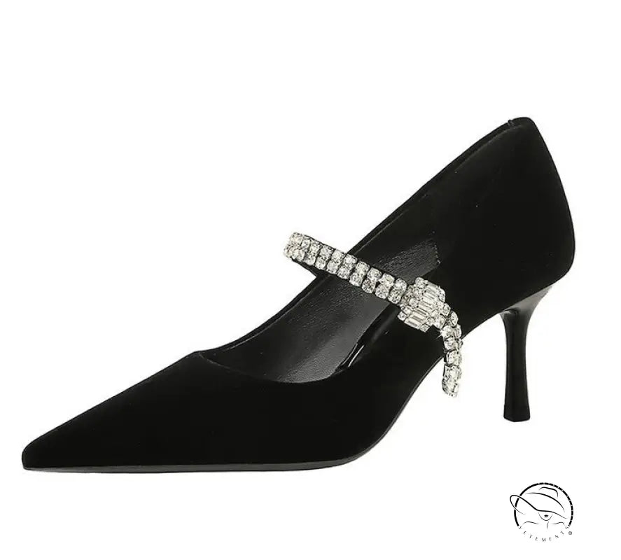 Langry black velvet mary jane heels with rhinestone straps and stiletto heel