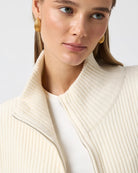Cream ribbed zip-up wool cardigan jacket with gold hardware, high collar, regular sleeve