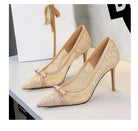 Cocktail High Heel Women Shoes Bow Sequined Lace Mesh Pointed Shallow Mouth Stiletto
