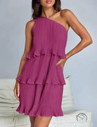 Stunning shoulder magenta one-shoulder tiered dress with layered stitching