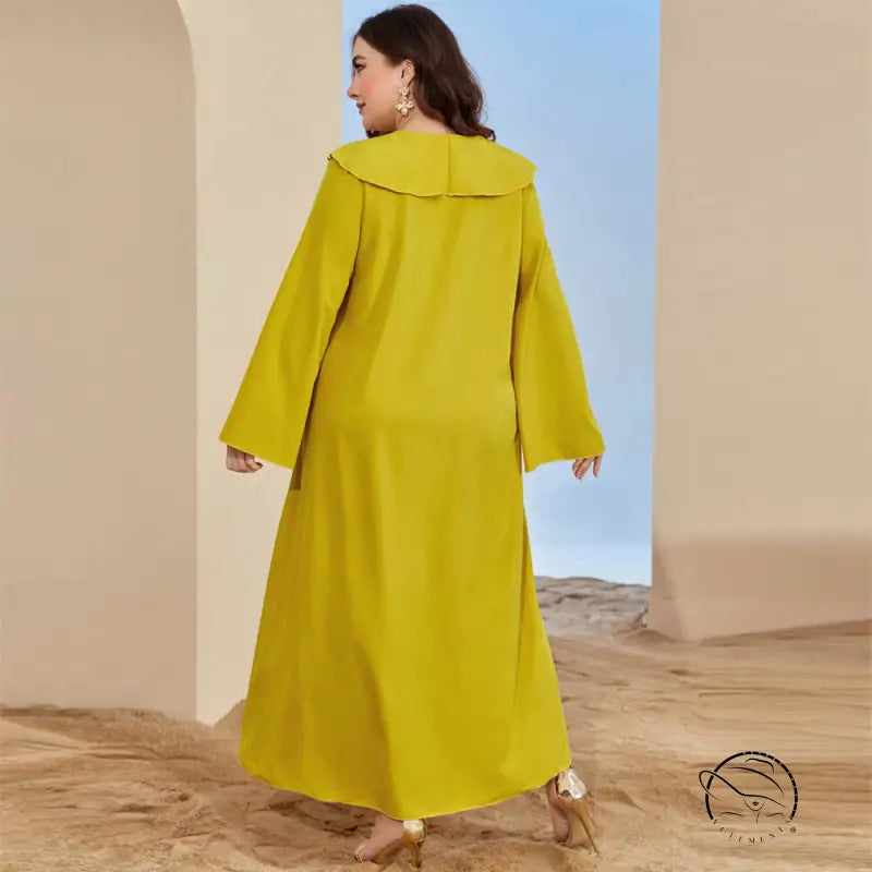 Mustard yellow plus size embroidered langry abaya with bell sleeves