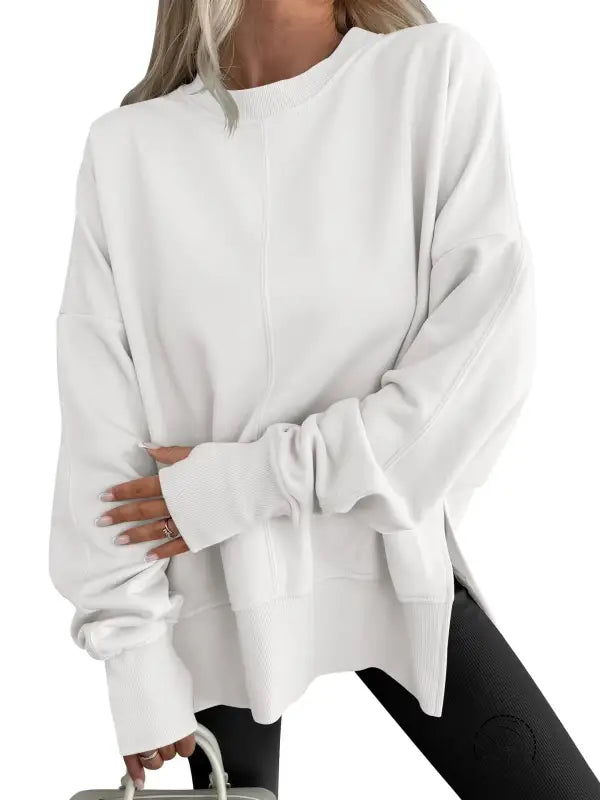 White oversized langry fashion sweatshirt, casual loose round neck pullover