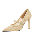 Langry fashion champagne lace stiletto heels with rhinestone strap