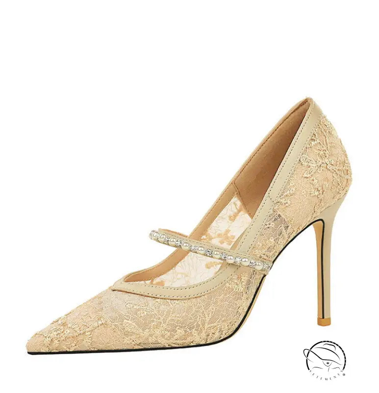 Langry fashion mesh rhinestone pearl strap stiletto high heels