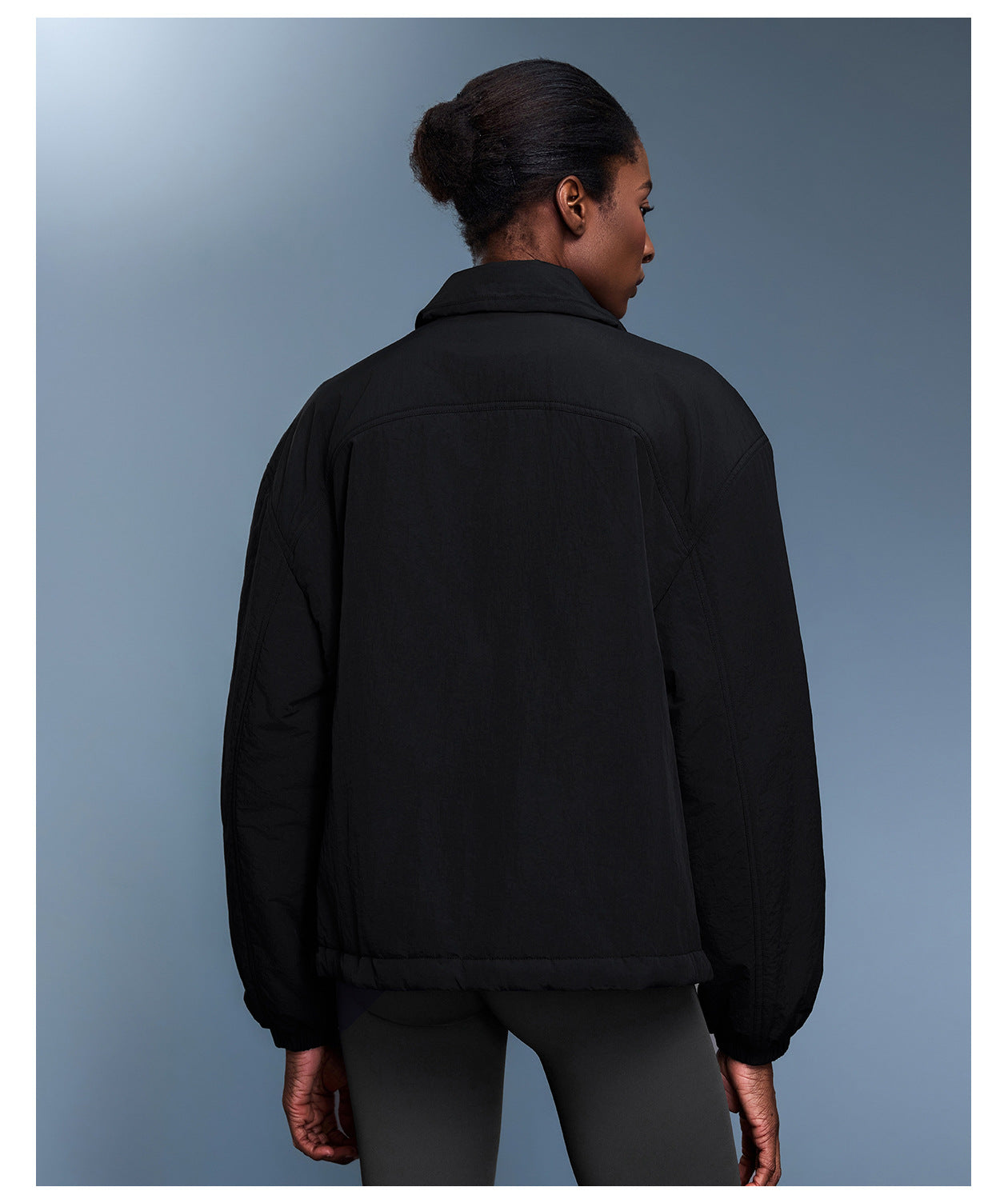 Langry black bomber jacket with high collar, elastic cuffs, cotton padded waterproof coat