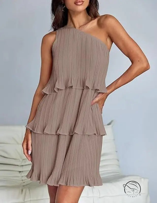 Taupe one-shoulder stunning shoulder layered stitching tiered dress