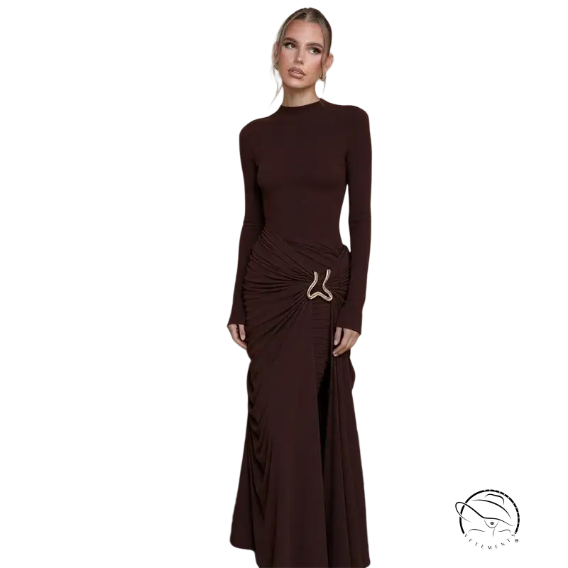 Langry fashion chocolate brown sheath dress with gold buckle