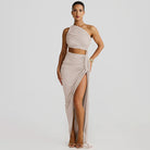 Beige one-shoulder crop top and high-slit skirt from Stunning Cutout Lace Pleated Dress