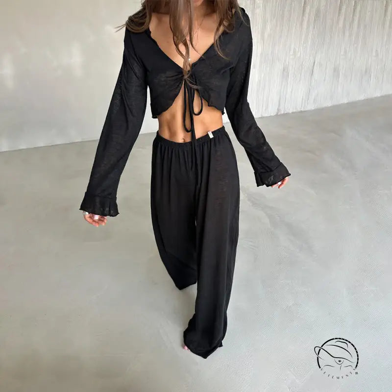 Black long-sleeved crop top with drawstring and wide-leg pants in casual loose pajamas